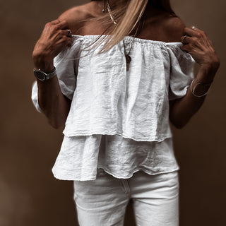 White tiered ruffle linen top *NEW*