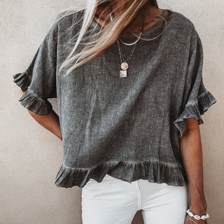 Inky grey ruffle edges linen top *NEW*