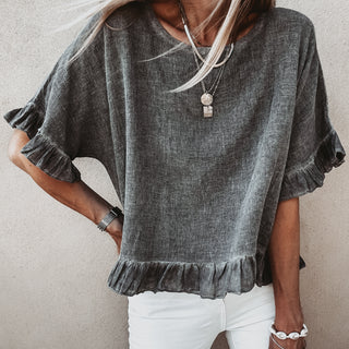 Inky grey ruffle edges linen top *NEW*