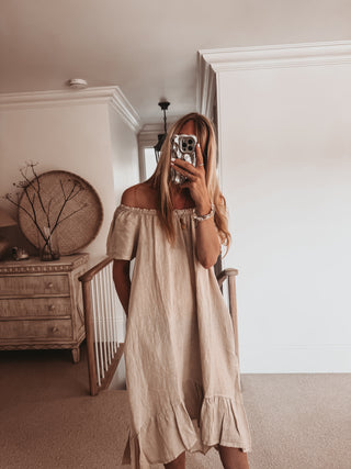 Lottie linen off shoulder beige dress