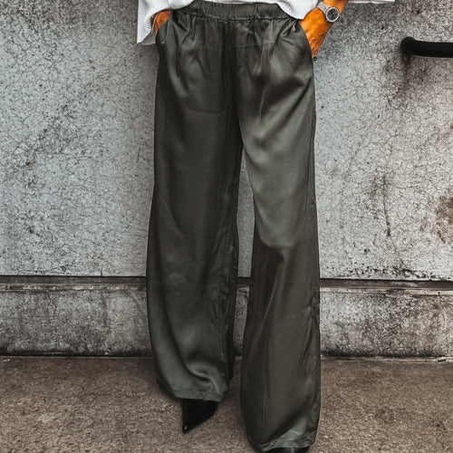Verona FOREST KHAKI satin palazzos pants *NEW*