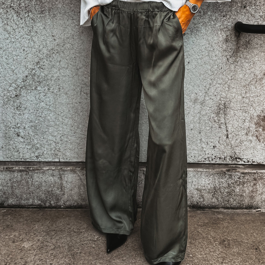 Verona FOREST KHAKI satin palazzos pants *NEW*