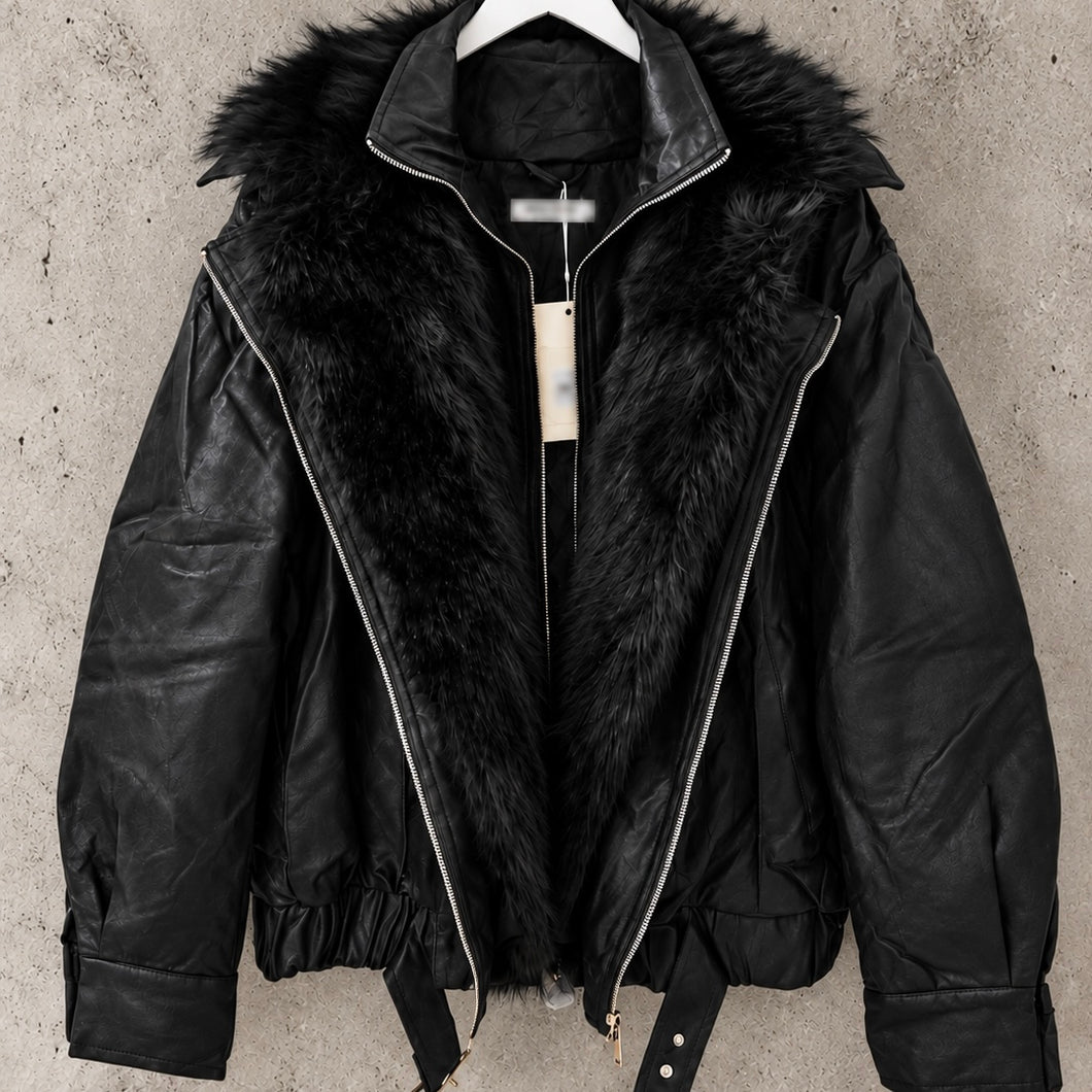 Black Tara faux leather fur high collar biker jacket
