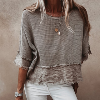 Mila TAUPE crochet tee with cotton lace trim *NEW*