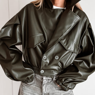 Khaki Cara faux leather high collar jacket *NEW*