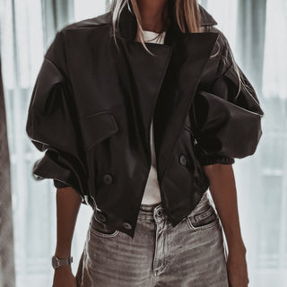 Black Cara faux leather high collar jacket