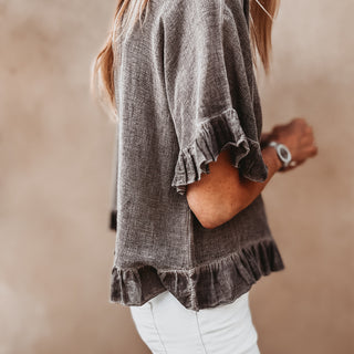 Inky chocolate ruffle edges linen top *NEW*