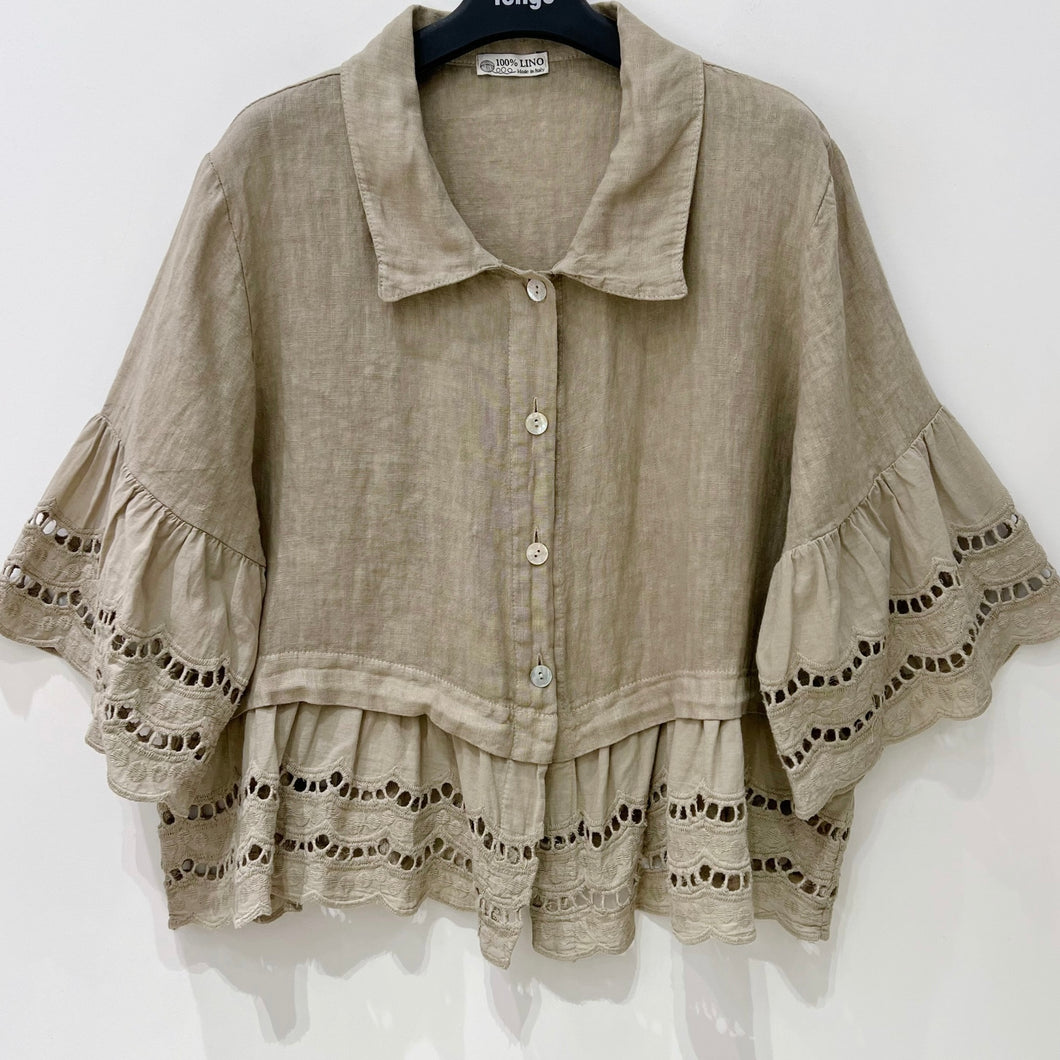 Lola TAUPE linen shirt with cotton lace *NEW*