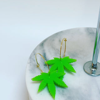 Neon green leaf hoop earrings