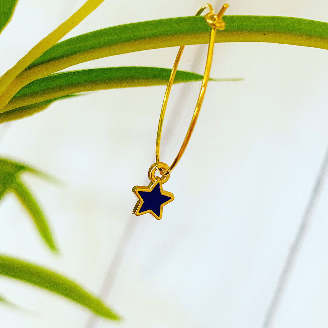 Tiny navy / gold star hoop earrings