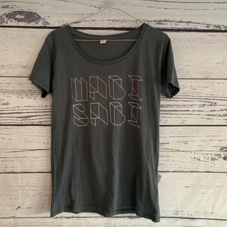 Pink and white Wabi Sabi on a charcoal tee (size medium uk 12)