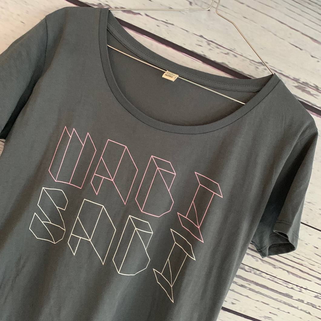 Pink and white Wabi Sabi on a charcoal tee (size medium uk 12)