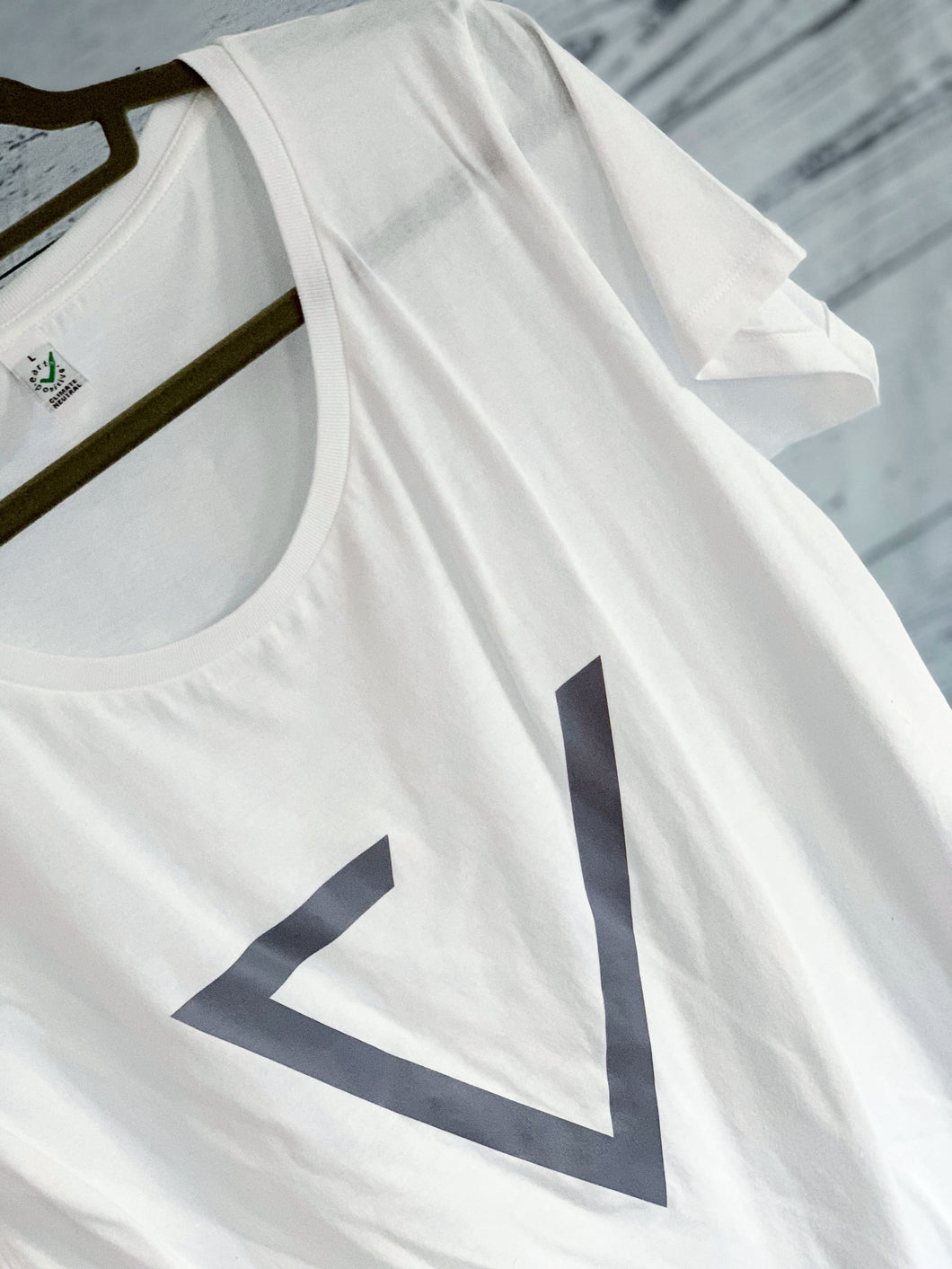 Grey triangle on a white tee (size large 14)
