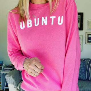 White UBUNTU on bright pink sweatshirt