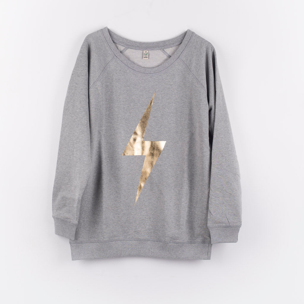 Gold lightning bolt on a light grey sweat (M)