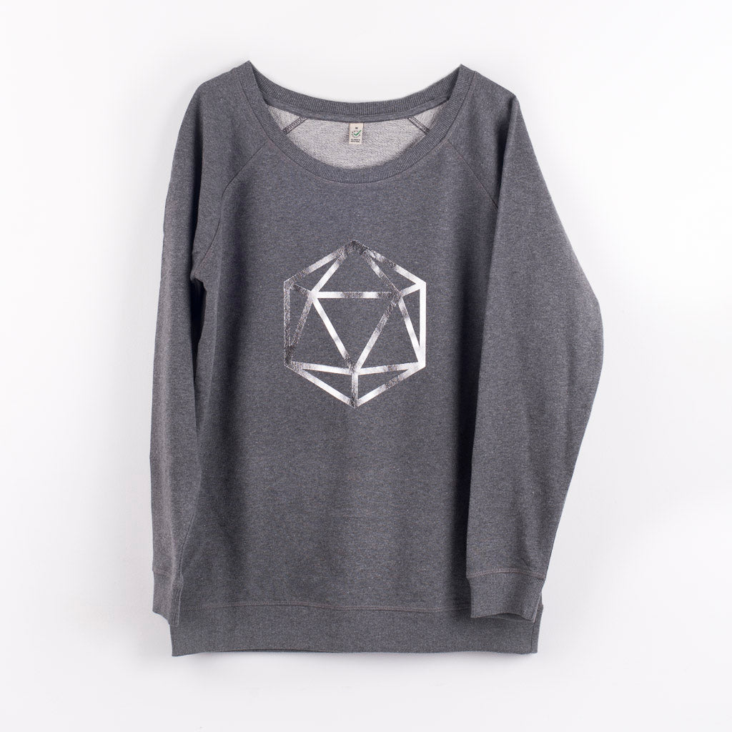 Metallic silver octahedron on a dark grey sweat