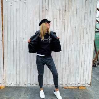 White blonde on black sweatshirt *fitted style*