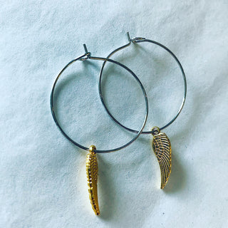 Gold angel wings silver hoop earrings