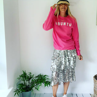 White UBUNTU on bright pink sweatshirt