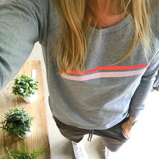Red & pink striped light grey sweatshirt