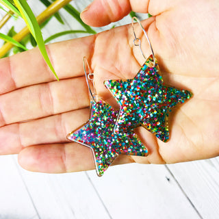 Multicolour glitter large star hoop earrings