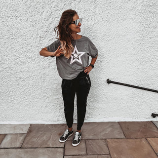 Dusty pink double star on vintage grey tee *boxy fit*