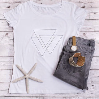 White tee with grey triangles