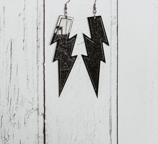 Large black glitter lightning strike earrings