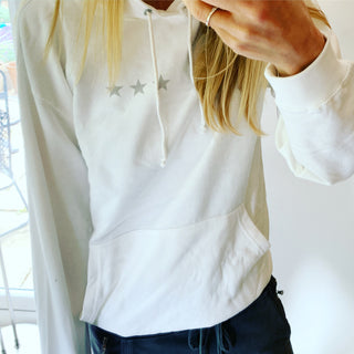 White hoody with three grey stars (size 12-14)