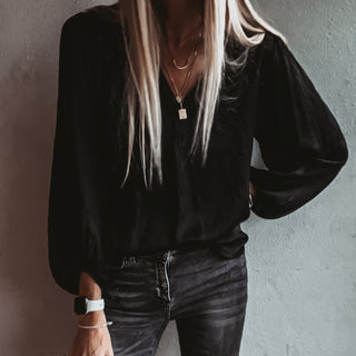 Sardinia black V neck Satin Blouse