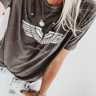 Vintage washed California wings & stars charcoal tee *boyfriend fit*