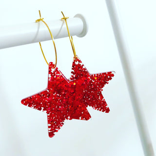 Red glitter star hoop earrings