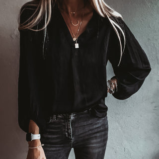 Sardinia black V neck Satin Blouse