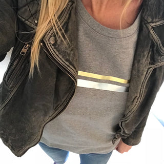 Gold & silver stripes on light grey sweatshirt