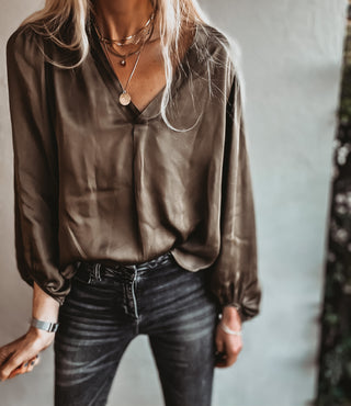 Sardinia KHAKI  V neck Satin Blouse