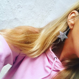 Large silver glitter star hoop earrings
