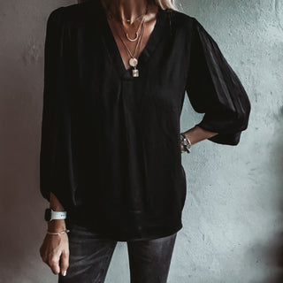 Sardinia black V neck Satin Blouse