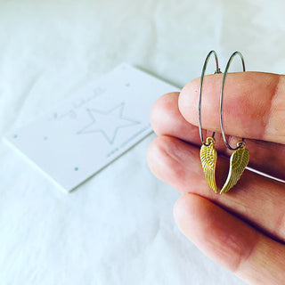 Gold angel wings silver hoop earrings