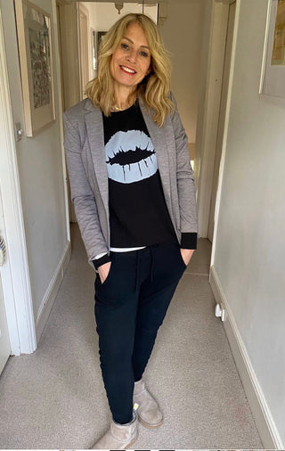 Silver grey glittery lips black sweatshirt *fitted style*