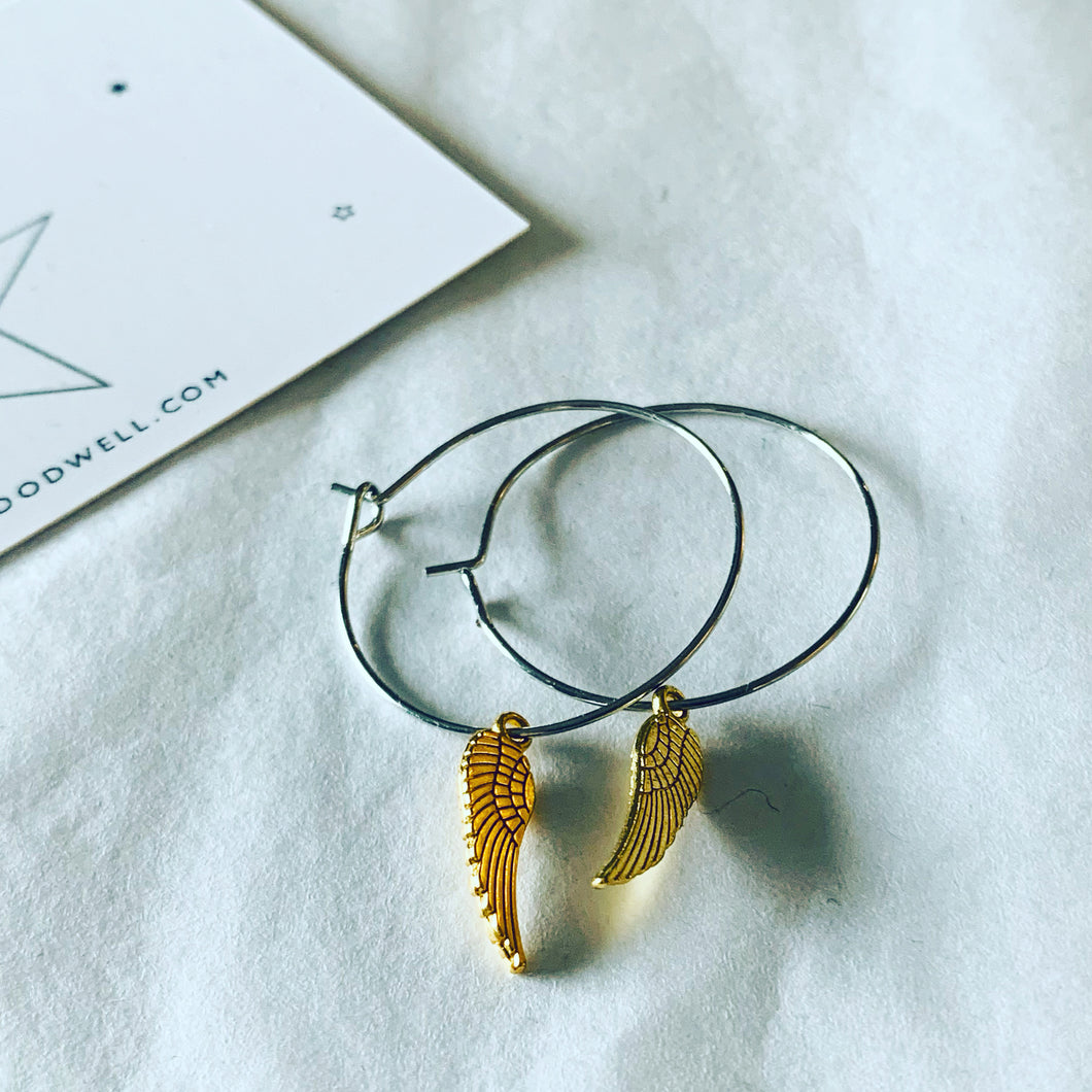 Gold angel wings silver hoop earrings