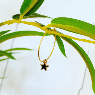 Tiny black & gold star hoop earrings