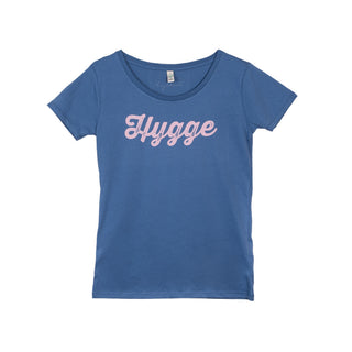 Pink hygge on denim blue tee *pre-loved*