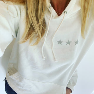 White hoody with three grey stars (size 12-14)