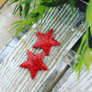 Red glitter star hoop earrings