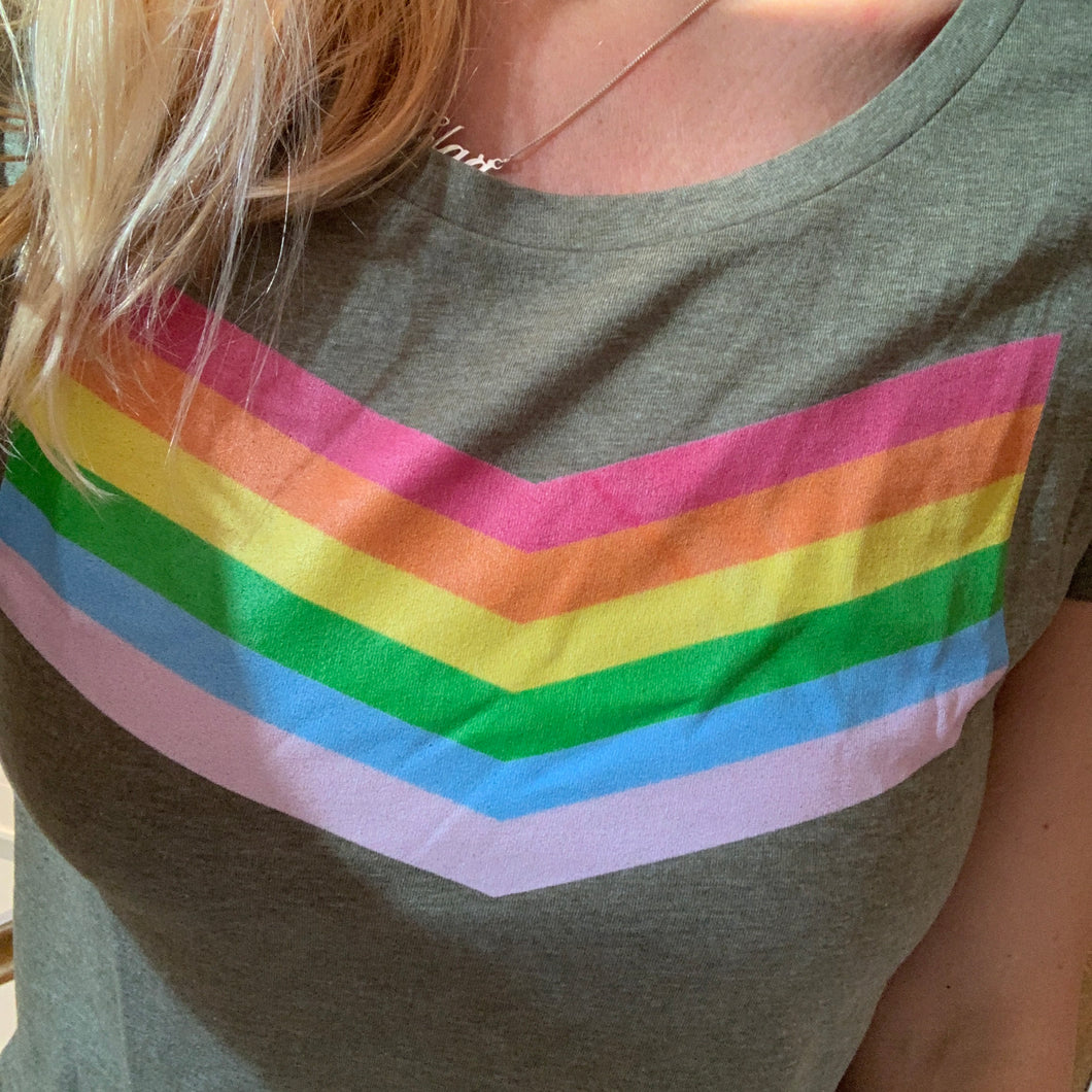 Rainbow chevron on khaki tee (medium size 12)