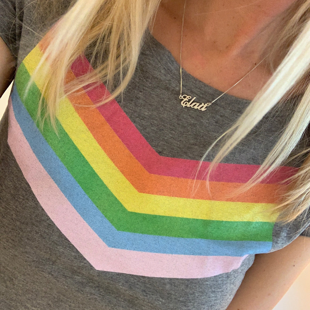 Rainbow chevron on grey tee (medium size 12)