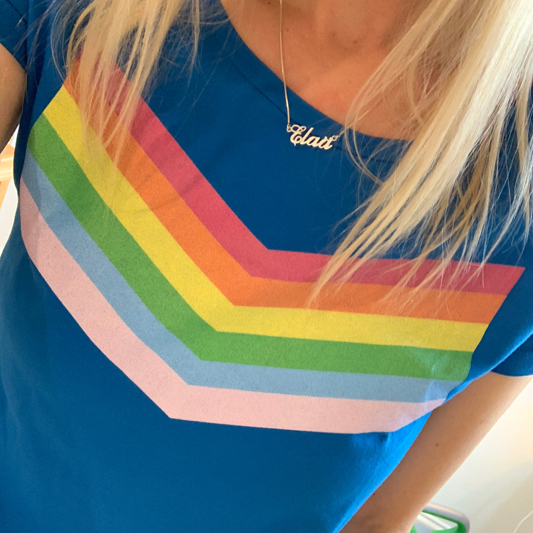 Rainbow chevron on bright blue tee (medium size 12)